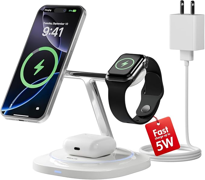 3 in 1 Magnetic Wireless Charger for Apple - Fast Charging Station Compatible with MagSafe for iPhone17-12 Apple Watch&amp AirPods Phone and Watch Charger Stand for Desktop Bedside Nightstand (Ivor