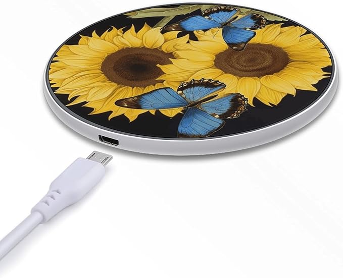Yellow Sunflowers with Blue Butterflies Wireless Charger Fast Wireless Charging Pad with USB Cable 10W Anti-Slip Magnetic Wireless Charger Portable Slim Charger Puck Travel Charging Station