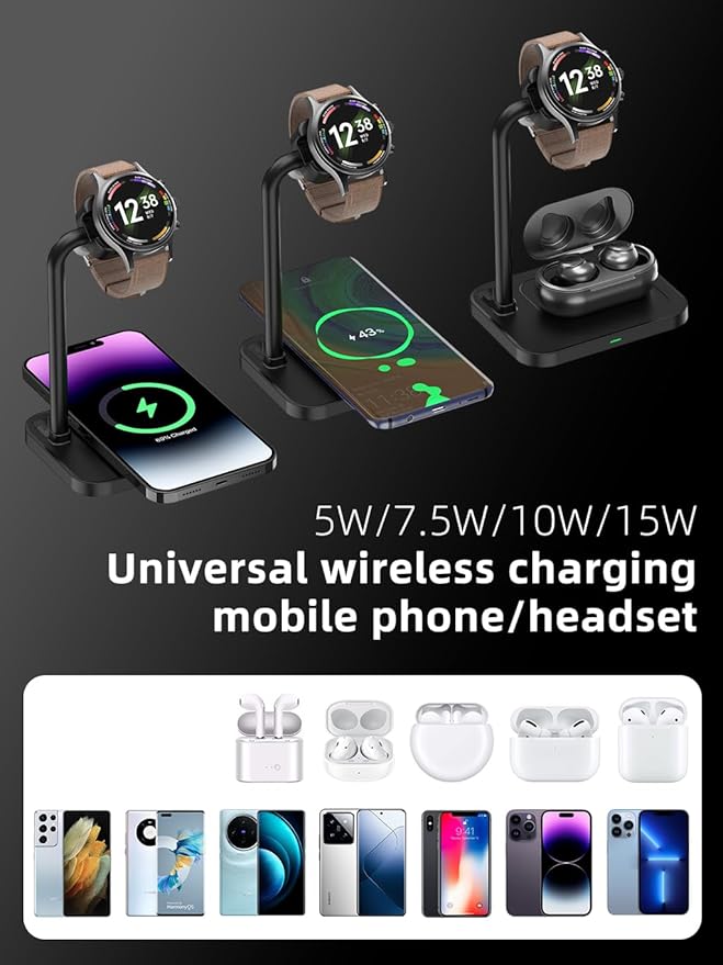 2 in 1 Universal Wireless Charging Dock with Adjustable Smartwatch Stand Compatible with Samsung/Google/Pixel/Fossil/Fitbit/Garmin/Huawei/AMAZTIM/Amazfit/Suunto/xiaomi(2SW-B)