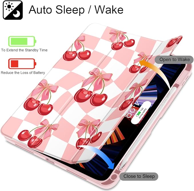Tuiklol for 2025 iPad (A16 Chip) 11th Generation 11 inch/iPad 10th Gen 10.9 inch 2022 Case Buit in Pencil Holder with Clear Back Shell Cover Trifold Stand Auto Wake/SleepCherries Grid
