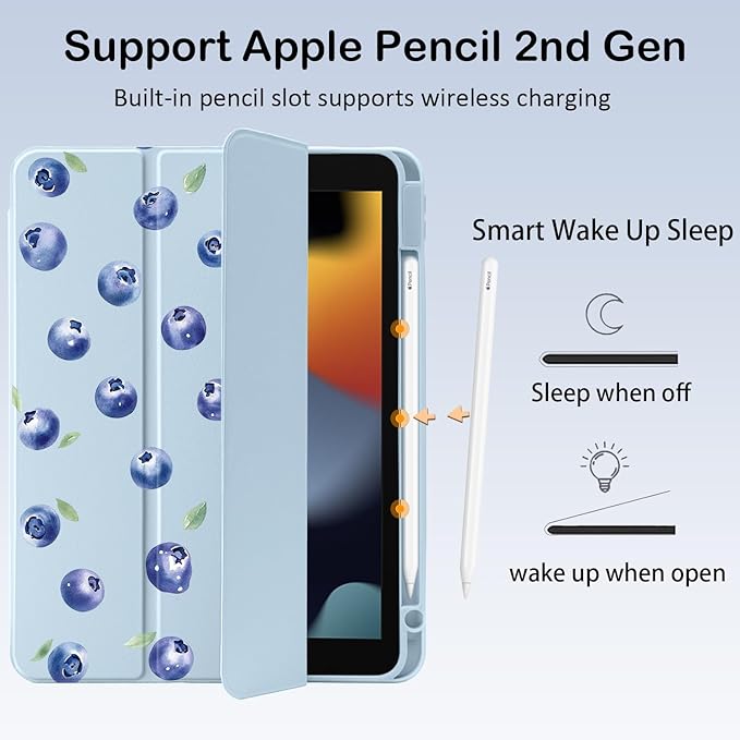Cute Blueberry for iPad (A16) 11th Generation Case 11 Inch 2025 for iPad 10th Gen Case 10.9 Inch 2022 with Pencil Holder Auto Sleep/Wake Blue Leather Clear Acrylic Back Cover