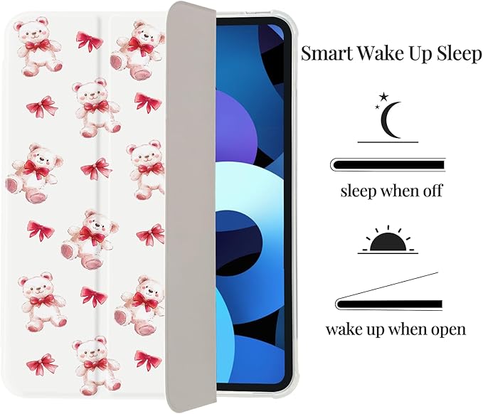 Cute Bear Red Bow for iPad Pro Case 12.9 Inch (2022/2021/2020/2018) 6th/5th/4th/3rd Gen[Pencil Holder+Auto Sleep/Wake]Slim Stand Soft Leather TPU Back Smart CoverWhite