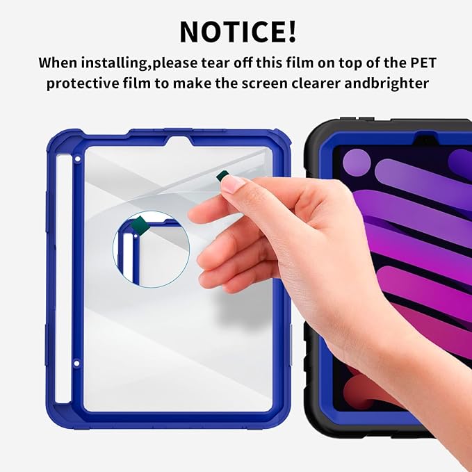 for iPad mini 7 A17 Pro/iPad mini 6 8.3 Inch Case iPad mini 7th/6th Generation Case (2024/2021) with Pencil Holder/Kickstand Hand Strap/Shoulder StrapBlack+Blue