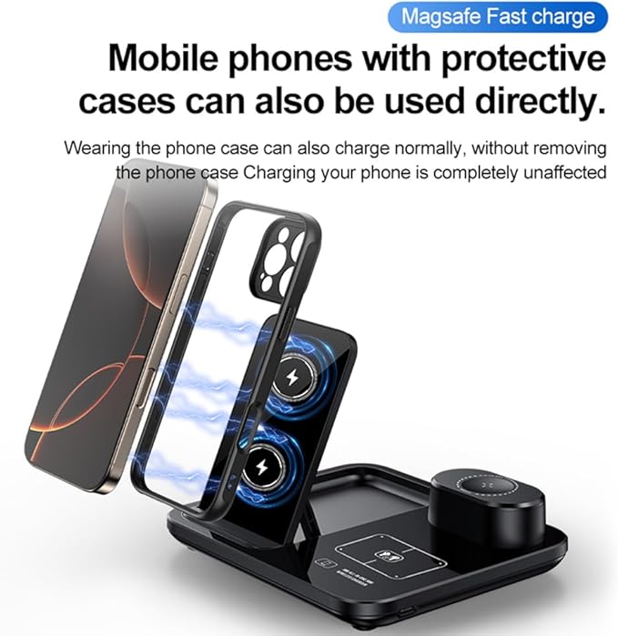 IHAO 3in1 Auto-Rising Wireless Charging Station 15W Fast Charge Ultra-Slim Foldable Design Wireless Charger for Phone Watch Earbud QC3.0 &amp PD Compatible