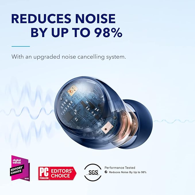 soundcore by Anker Space A40 Auto-Adjustable Active Noise Cancelling Wireless Earbuds Reduce Noise by Up to 98% 50H Playtime Hi-Res Sound Comfortable Fit App Customization Wireless Charge (Blue)
