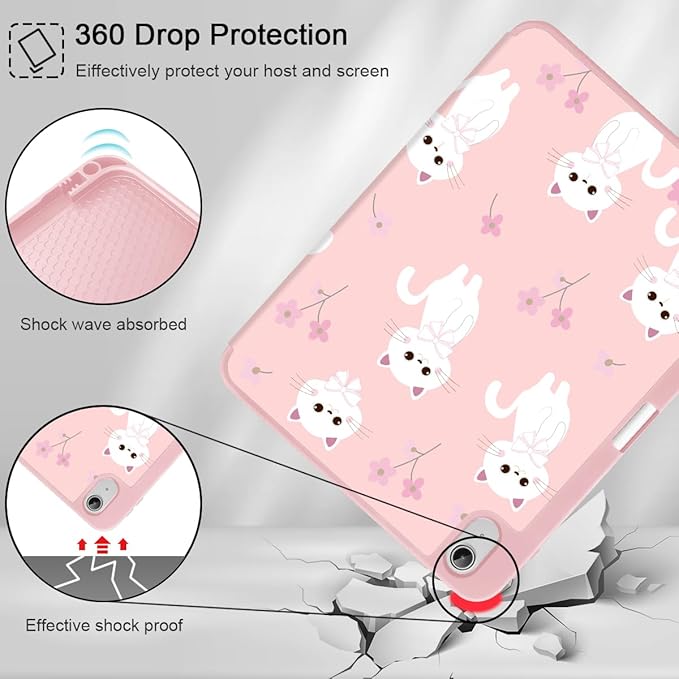 Tuiklol Case for iPad 10.2 Inch 2021 2020 2018 Release 9th / 8th / 7th Generation Built-in Pencil Holder TPU Protective Stand Back Cover Trifold Stand-Auto Wake/Sleep Cat-Pink