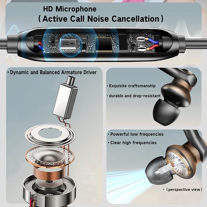 Dynamic Balanced Deep Bass in-Ear Headphones -Noise Cancelling Wired Earbuds with Dual-Driver Bass Boost Ear Bud Noise Isolation-Clear Call and High-Resolution AudioNoise Cancellation (USB C)