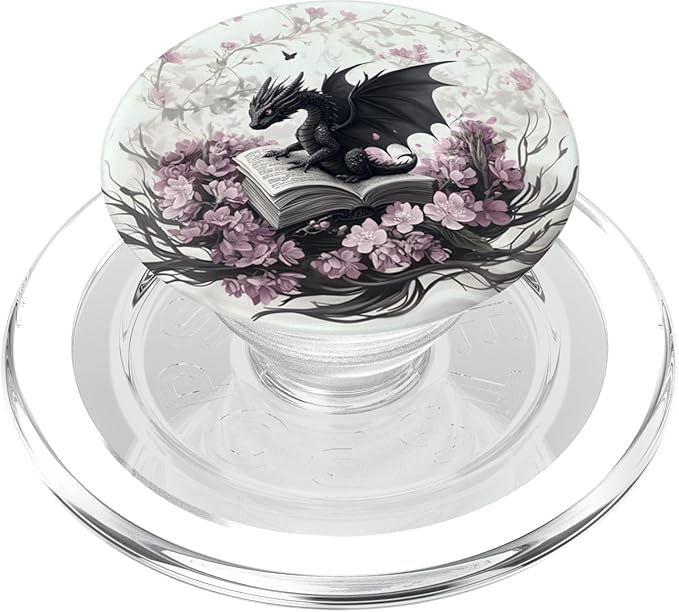 Ethereal Dragon on Book with Pink Flowers Dark Fantasy Art PopSockets PopGrip for MagSafe