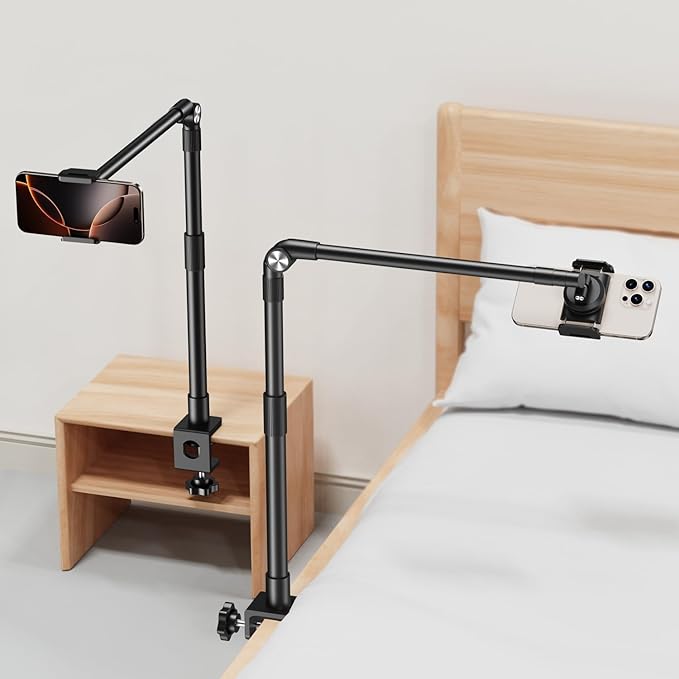elitehood Aluminum Arm Phone Holder for Bed [360° Swivel Tilt Rotation] Adjustable Bedside Phone Holder Laying Down iPhone Stand for Bed Desk Overhead iPhone Clamp Mount Fit All 4-7’’ Cellphone