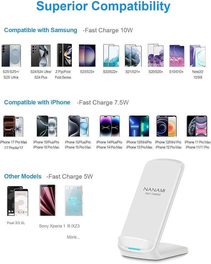 NANAMI Fast Wireless Charger 10W Max Wireless Charging Stand with PD20W Adapter Charger Compatible for iPhone 17/17 Air/17 Pro/17 Pro Max/16/15/14/13/12Samsung Galaxy S26/S25/S24/S23/S22/S21/Note 20