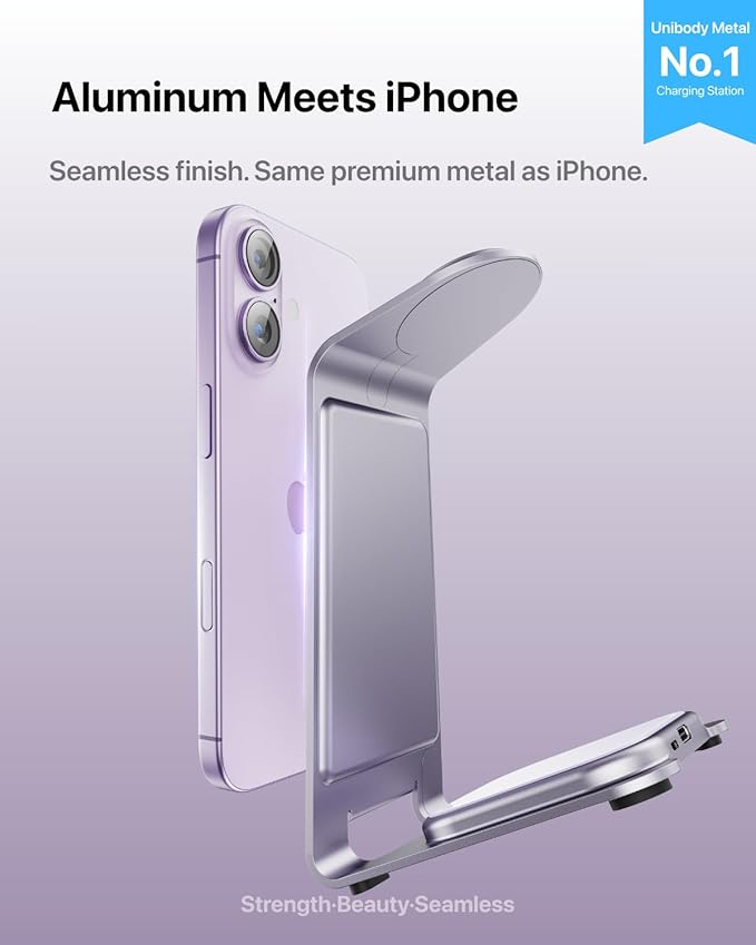 Intoval Aluminum 3 in 1 Wireless Charging Station for iPhone 17 16 15 14 13 12 11 Pro Max XR Wireless Charger for Apple Watch 11 10 9 8 7 Ultra SE 3 2 Phone Charger for AirPods 4 Pro 2 3 (Lavender)