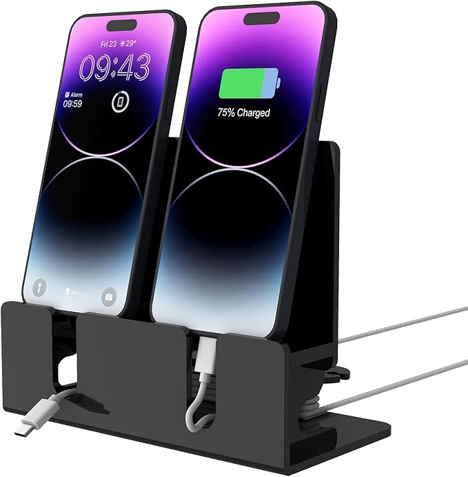 Dual Phone Holder Organizer Stand for 2 Phones Acrylic Desktop Universal Mobile Phone Docking Station Charger Holder with Cable Management Black