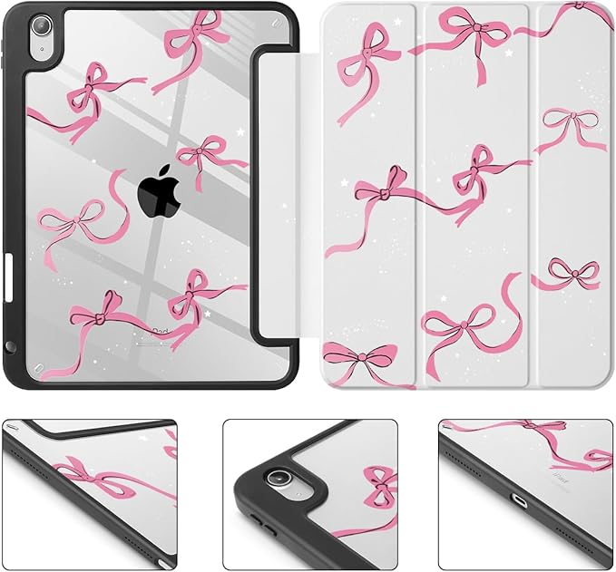 May Chen Case for iPad Air 13 Inch M4 2026 M3 2025 M2 2024 [Built-in Pencil Holder] Shockproof Cover with Clear Transparent Back Shell Auto Sleep/Wake Cover White Bows
