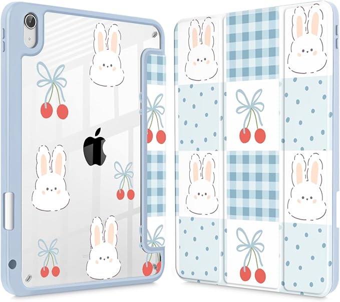 Tuiklol for 2025 iPad (A16 Chip) 11th Generation 11 inch/iPad 10th Gen 10.9 inch 2022 Case Buit in Pencil Holder with Clear Back Shell Cover Trifold Stand Auto Wake/SleepGrid-Rabbit