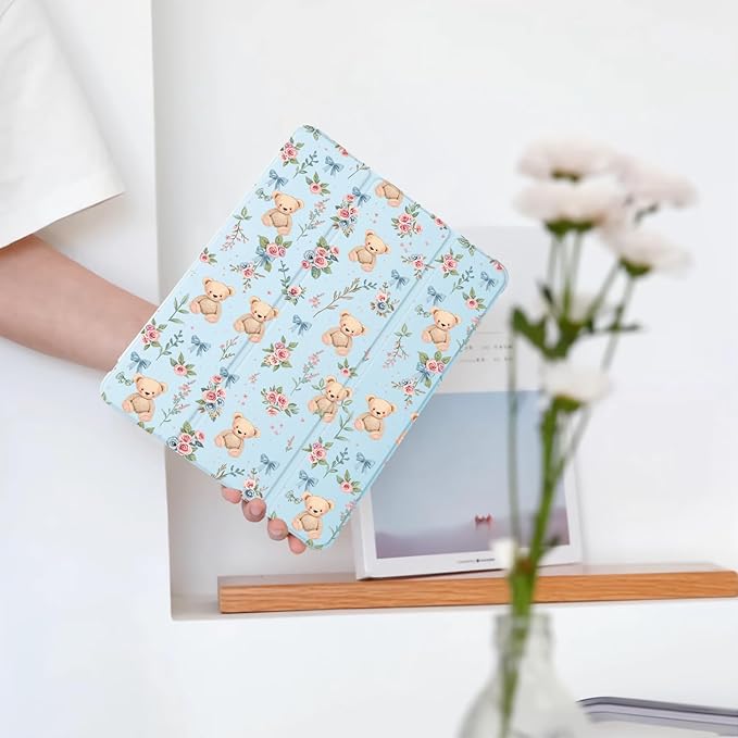 Cute Kawaii Bear Flower Bow for iPad Air 11 Inch Case 7th/6th Generation (M3/M2) 2025/2024 with Pencil Holder Auto Sleep/Wake Blue Leather Soft TPU Back Cover