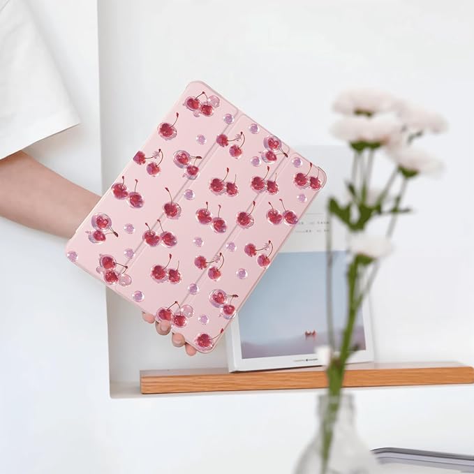 Kawaii Cute Cherry for iPad Air 3 Case with Pencil Holder Auto Sleep/Wake Pink Leather Soft TPU Back Cover for iPad Pro 10.5 Inch 2017