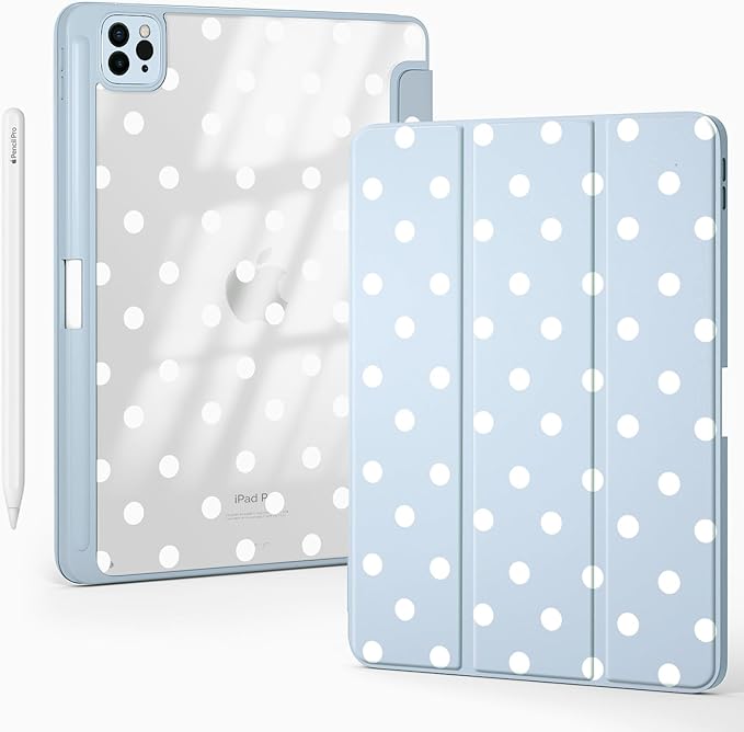 Cute Kawaii Polka Dot for iPad 7th/8th/9th Generation Case 10.2 Inch 2019/2020/2021 with Pencil Holder Auto Sleep/Wake Blue Leather Acrylic Back Cover