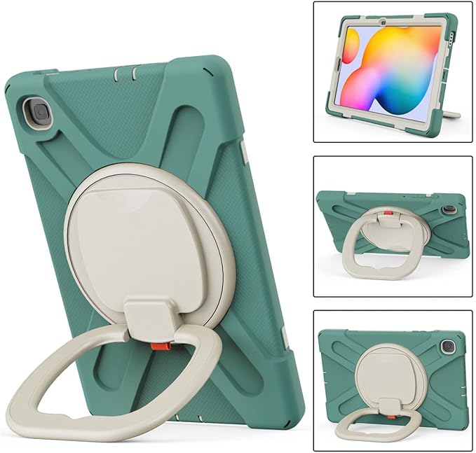 360 Rotation Case for Samsung Galaxy Tab S6 Lite 10.4 Sturdy Cover Rotate Ring Stand Shoulder Carrying Strap Hand Strap Rugged Children Adults Outdoor Case (DarkGreen)