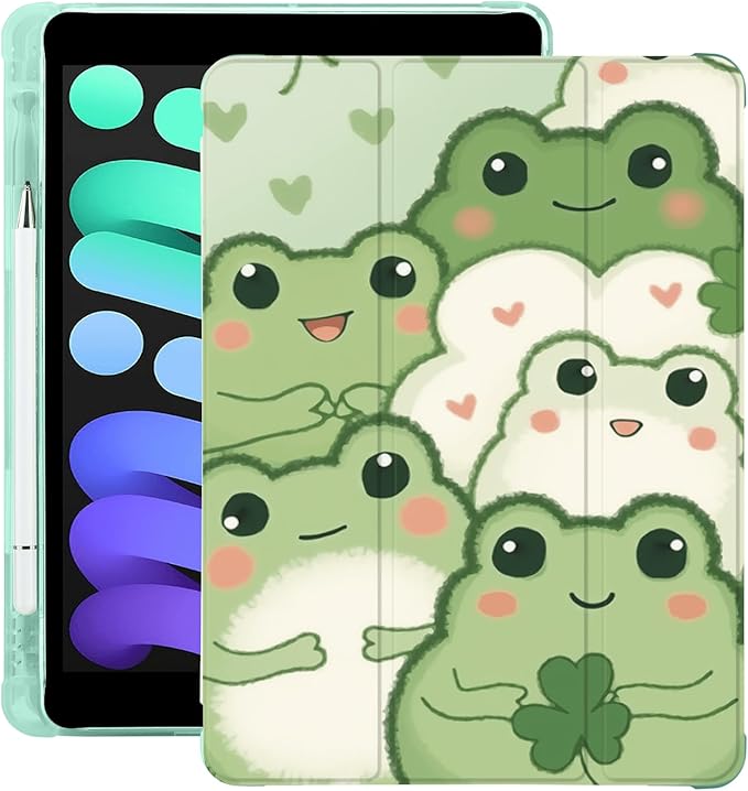 Kawaii Cute Frog for iPad 5th/6th Generation Case with Pencil Holder Auto Sleep/Wake Green Leather Soft TPU Back Cover for iPad 9.7 Inch