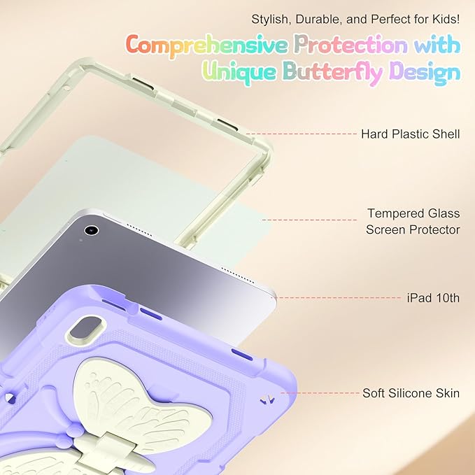 Case for iPad (A16) 11th/10th Generation 2025/2022 11/10.9 for Kids Girls with 9H Tempered Glass Screen Protector Rugged Shockproof Protective with Butterfly Stand Carrying Strap-Purple