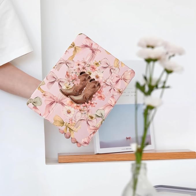 Cute Cowgirl Boots Bow for iPad Pro 12.9 Inch Case 5th/6th Generation 2022/2021/2020 with Pencil Holder Auto Sleep/Wake Pink Leather Soft TPU Back Cover