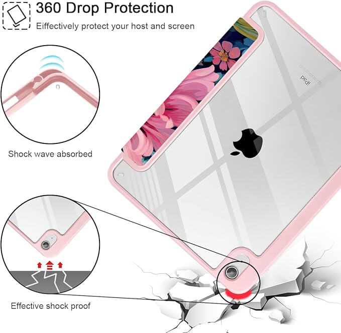 May Chen for iPad (A16) 11th Generation Case 11 Inch 2025 iPad 10th Gen Case 2022 10.9 inch Built-in Pencil Holder with Shockproof Cover Clear Back Shell Auto Wake/Sleep Flowers Painting