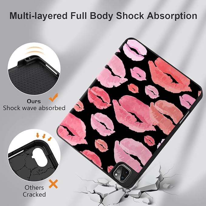 MEEgoodo for iPad Pro 12.9 Case M2 6th/5th/4th/3rd Generation 2022 2021 2020 2018 with Pencil Holder Tablet Cover with Soft TPU Back Shell Red &amp Pink Lips