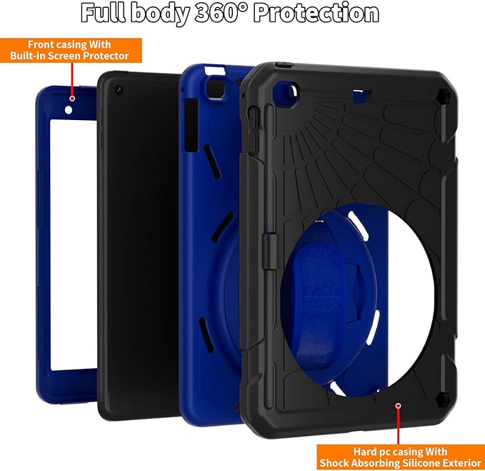 Case for iPad mini 5/4 with Screen Protector Pencil Holder [360 Rotating Hand Strap] &amp Stand Drop-Proof Case for iPad mini 5th/4th Generation 7.9 inch(Black+Blue)