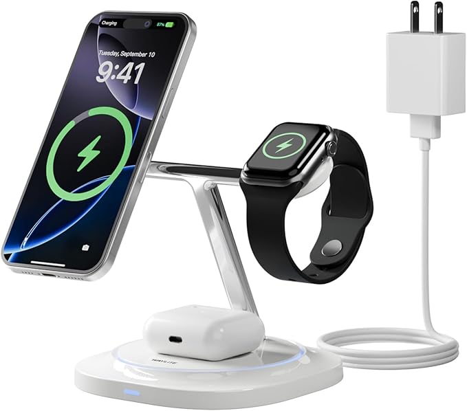 3 in 1 Magnetic Wireless Charger for Apple - Fast Charging Station Compatible with MagSafe for iPhone17-12 Apple Watch&amp AirPods Phone and Watch Charger Stand for Desktop Bedside Nightstand (Whit