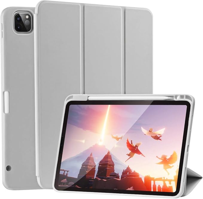 SIWENGDE Cases for iPad Pro 12.9 Case 6th/5th/4th Generation (2022/2021/2020) with Pencil Holder [Apple Pencil Wireless Charging] Soft TPU Smart Tri-fold Stand Protective Cover(Light Grey)