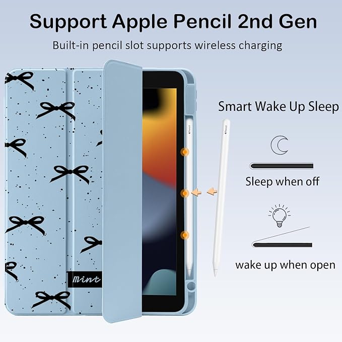 Cute Black Bow for iPad Pro 13 Inch Case (M5/M4) 2025/2024 with Pencil Holder Auto Sleep/Wake Blue Leather Clear Acrylic Back Cover