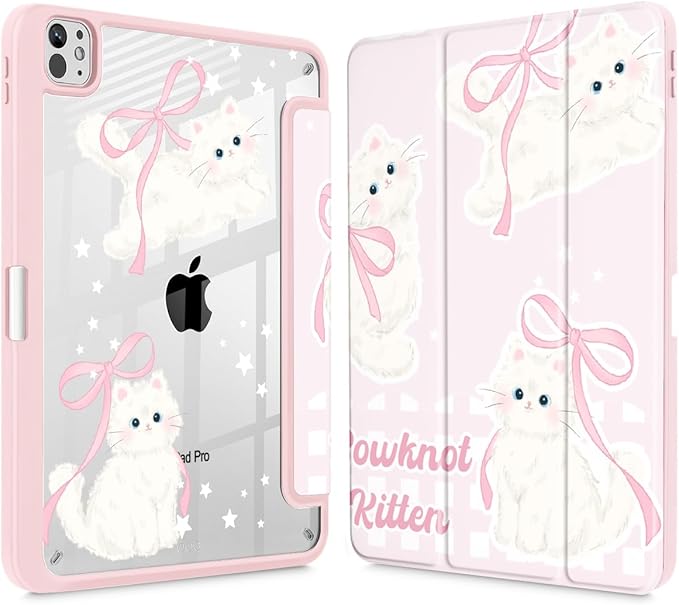 May Chen Case for iPad Pro 11-Inch M5/M4 2025/2024 (6th/5th Generation) Clear Transparent Print Back Shell Slim Stand Shockproof Tablet Cover Auto Wake/Sleep Bowknot Kitten