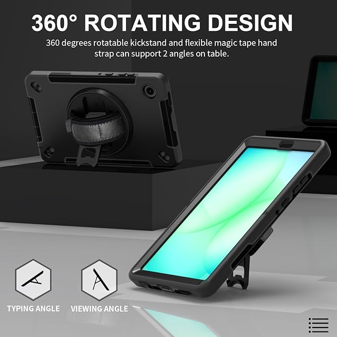 Junfire Protective Case for Galaxy Tab A11 8.7-inch 2025 with Built-in Screen Protector Shockproof Case for Samsung Tab A11 SM-X130/X135 with 360°Rotating Kickstand/Hand Strap/Carrying Shoulder Belt