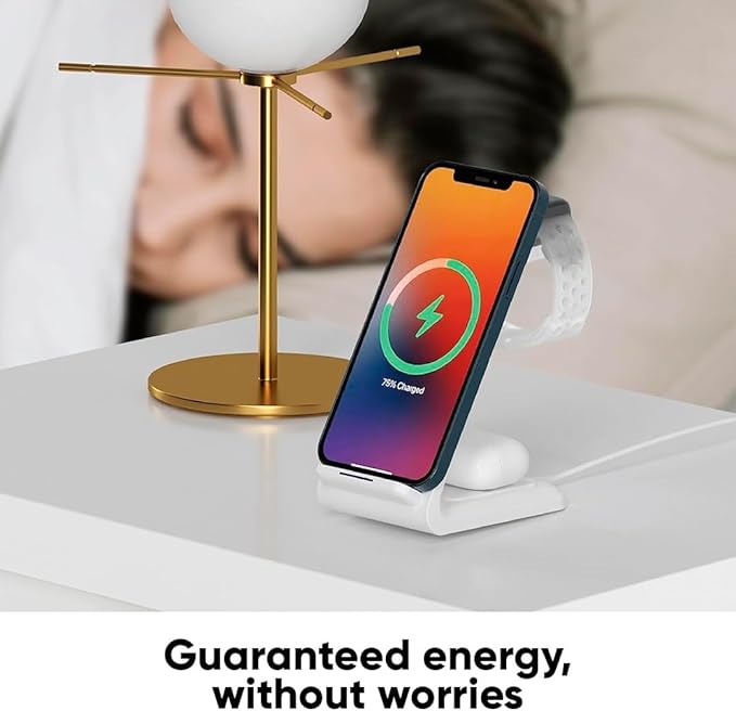3-in-1 Magnetic Wireless Charger – Fast Charging Dock for iPhone Apple Watch &amp AirPods – Foldable Stand with USB-C Cable (White)