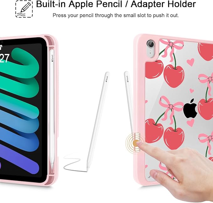 Mektron Printed Case for iPad mini 7 (A17 Pro) 2024/ Mini 6 2021 iPad mini 7th/6th Generation 8.3-inch Liquid Retina Display Cover Buit in Pencil Holder with Clear Back Shell Cherries Bows C353