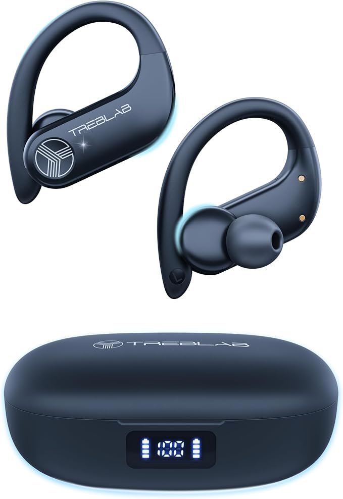 TREBLAB X3 Pro - Sports Wireless Ear Buds Bluetooth - Comfortable Workout Headphones with Secure Ear Hooks 9H Long Battery Life IPX5 Sweatproof Earphones Noise Isolation Over Ear Earbuds