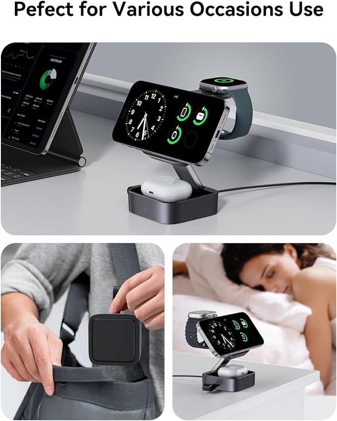 3 in 1 Wireless Charging Station for Apple Devices Magnetic Foldable Travel Fast Charger Stand Compatible with MagSafe for iPhone Air/17/16/15/14/13/12 Series Apple Watch &amp AirPods Pro/4/3/2-Bla