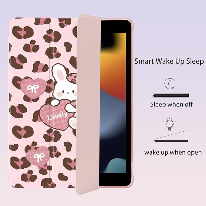 Cute Leopard Print Bunny for iPad Pro 11 Inch Case (M5/M4) 2025/2024 with Pencil Holder Auto Sleep/Wake Pink Leather Soft TPU Back Cover