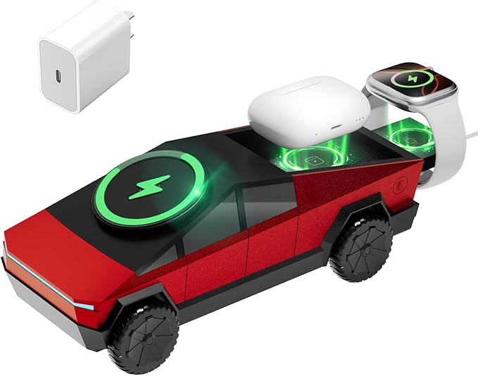 CyberDock 3-in-1 Wireless Charging Station Cybertruck 1:25 Scale Charger with Qi2 Certified 15W Charging for iPhone iWatch AirPods Magnetic Rotating Charger with Ambient Light 30W Adapter Red