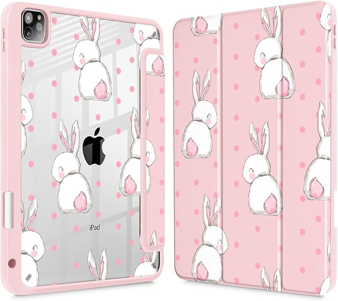 May Chen for iPad Pro 11 inch M2 4th Generation 2022 iPad Pro 11 3rd/2nd/1st Gen Built-in Pencil Holder with Shockproof Cover Clear Transparent Back Shell Auto Wake/Sleep Cute Rabbit