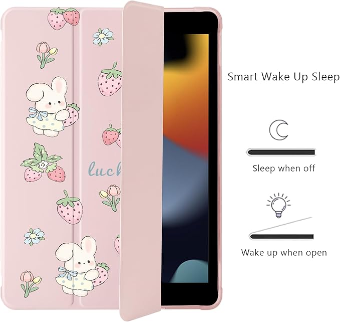 Cute Kawaii Bunny Strawberry for iPad Pro 11 Inch Case 4th/3rd/2nd Generation 2022/2021/2020 with Pencil Holder Auto Sleep/Wake Pink Leather Soft TPU Back Cover