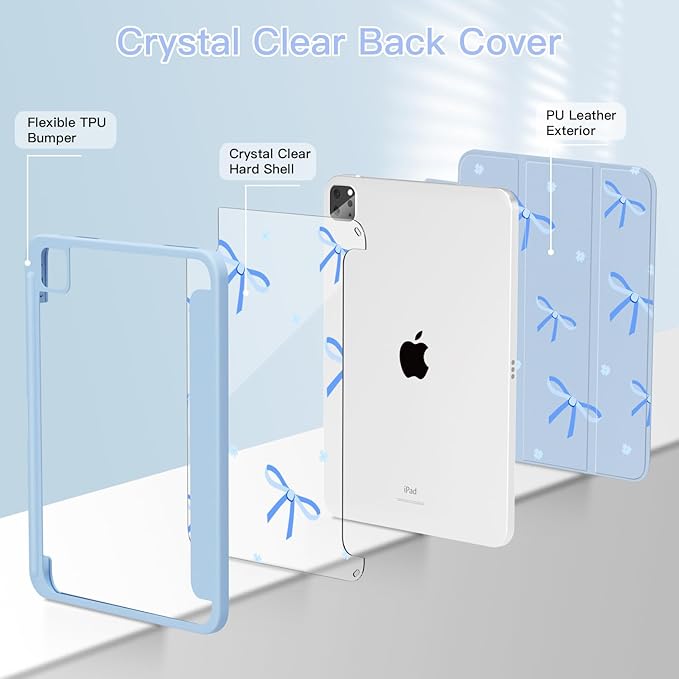 Teryeefi for iPad Air 11-Inch Case M4 M3 M2 (2026 2025 2024) iPad Air 4th/5th Generation iPad Pro 11 in 4th/3rd/2nd/1st Generation - Clear Back Cover with Pencil Holder Auto Wake/Sleep-Blue Bows