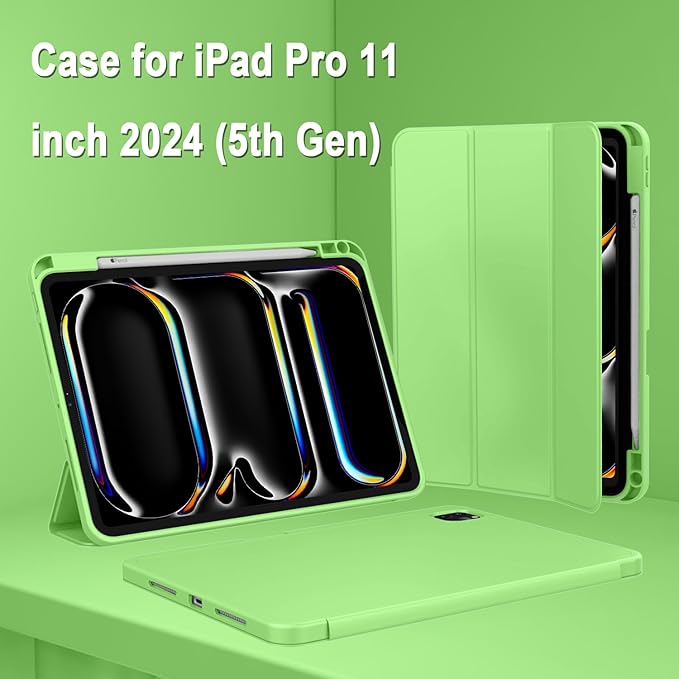 ZryXal iPad Pro 11 Inch Case (M5) 2025/ (M4) 2024 (Model: A2836/A2837/A3006) Trifold Stand Smart Cover with Pencil Holder and Soft TPU Back Auto Wake/Sleep (Grass Green)