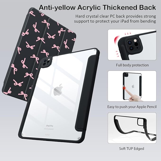 Cute Kawaii Pink Bow for iPad Air 11 Inch Case 7th/6th Generation (M3/M2) 2025/2024 with Pencil Holder Auto Sleep/Wake Black Leather Clear Acrylic Back Cover