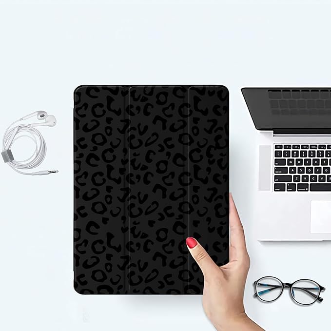 Leopard Print Case for iPad Air 11 Inch M3(2025) / M2(2024) iPad Air 5th(2022) / 4th (2020) Gen 10.9 InchGirly Protective CasePencil Holder &amp Clear Transparent Back &amp Trifold Black Cover