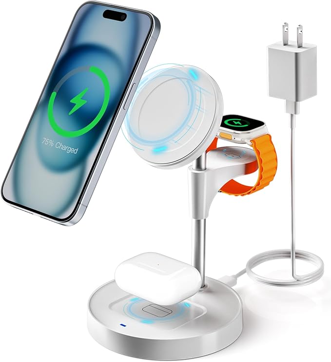 KPON for Magsafe Wireless Charging Station 15W Fast Magnetic 3 in 1 Wireless Charger Stand Multiple Devices Dock for iPhone 16 15 14 13 12 /Apple Watch/AirPods (with PD 20W Adapter) (White)