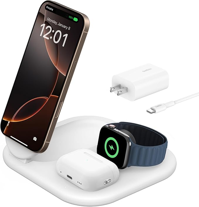 Belkin 3-in-1 MagSafe-Compatible iPhone Charger - Foldable Magnetic Qi2 Certified MagSafe Charging Station for Phone Apple Watch AirPods - Wireless for Multiple Devices
