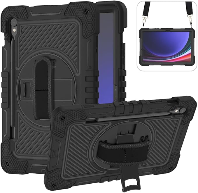 Shockproof Case for Samsung Galaxy Tab S10 Lite/S10 FE/S9/S9 FE 11 Tablet Cover with Shoulder+Hand Strap Techcircle Heavy Duty Rotating Kickstand Rugged Defender Protective Case Black