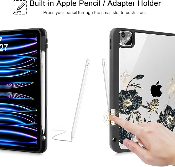 May Chen for iPad Pro 11 inch M2 4th Generation 2022 iPad Pro 11 3rd/2nd/1st Gen Case with Transparent Shockproof Back Cover [Built-in Pencil Holder Auto Sleep/Wake Abstract Floral