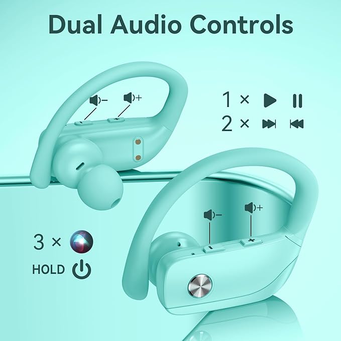 bmani Ear Buds Wireless Earbuds Bluetooth Headphones with 80H Playtime LED Display Case Over-Ear Hook with Mic Stereo Sound Easy Button Controls Sports Earphones for Running Workout Gym Mint Green